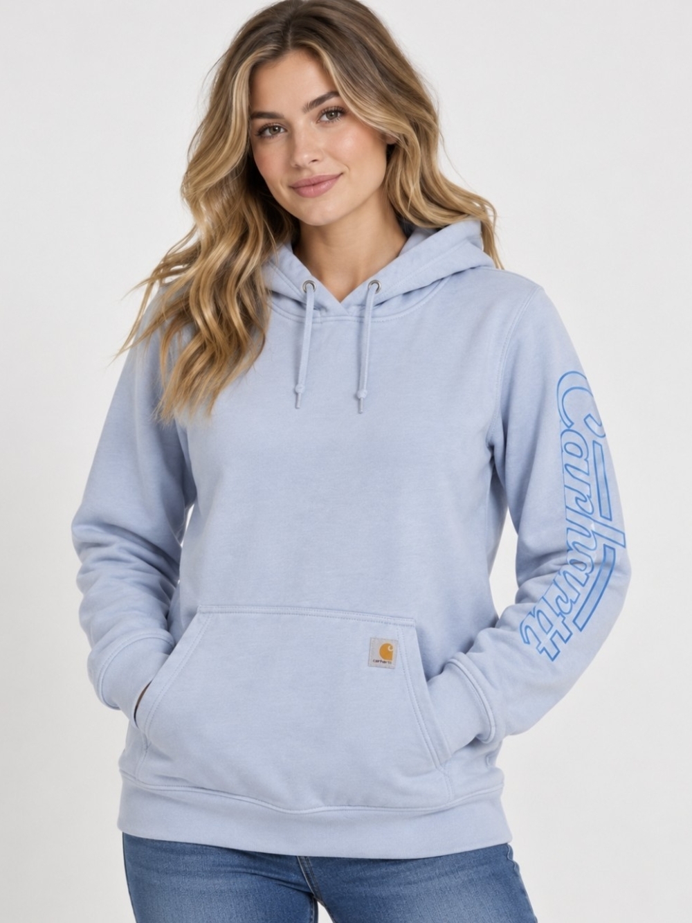 Carhartt Women's Sky Blue Pullover Hoodie with Script Sleeve